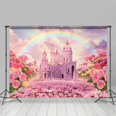 Aperturee - Aperturee Pink Fairy Castle Rainbow Sky Floral Wedding Backdrop